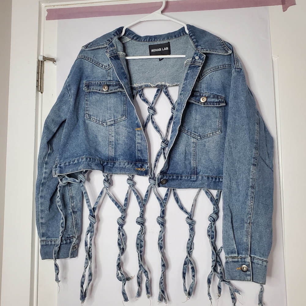 Rehab Lab Blue Denim Fringe Jacket Knotted Distressed Coat Festival Wear Spring